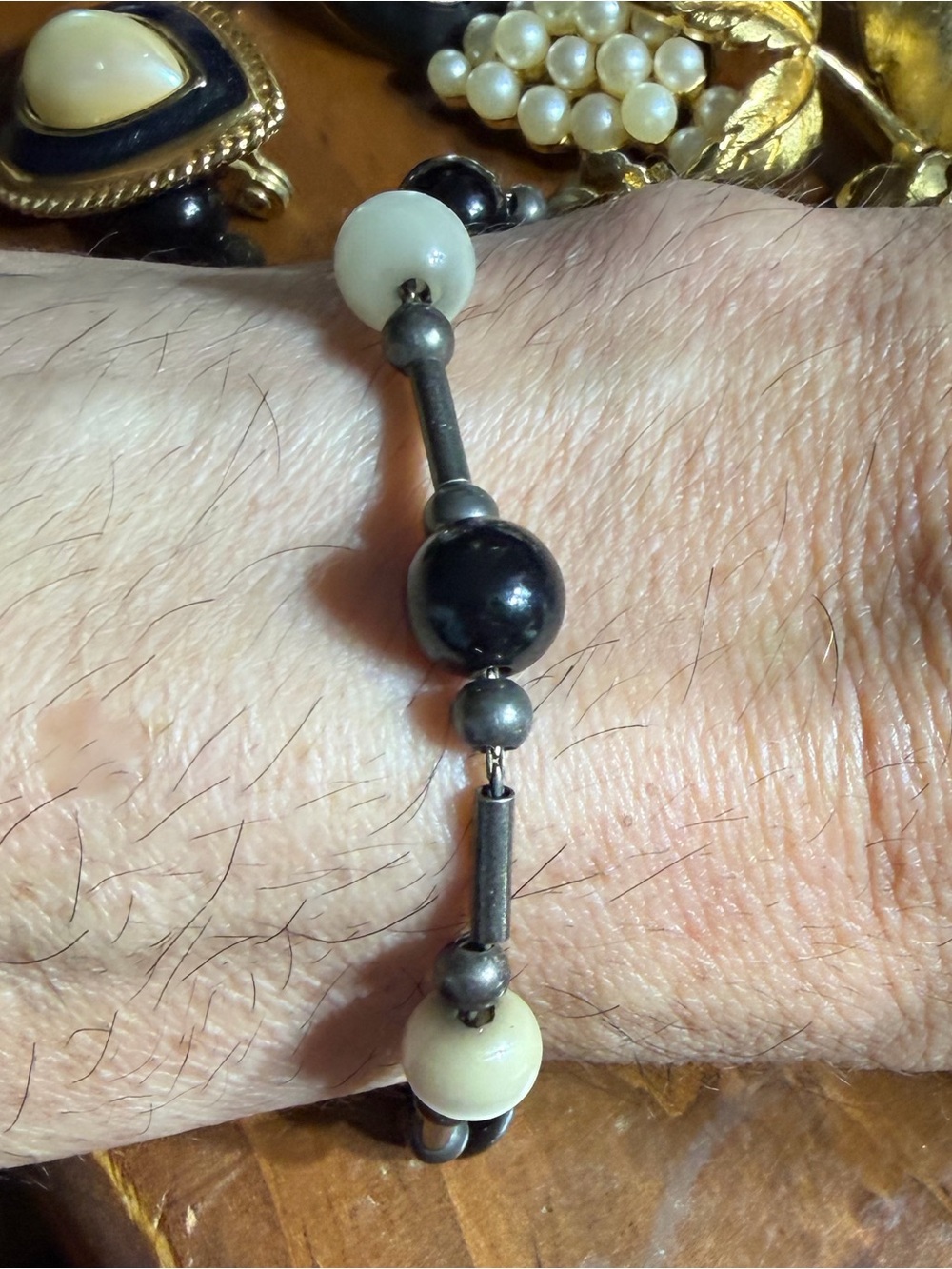 Vintage 925 Sterling Silver Black Onyx Mother Of Pearl Bead Bracelet